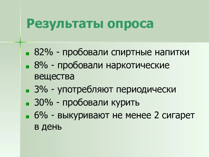 Результаты опроса 82% - пробовали спиртные напитки 8% - пробовали наркотические вещества