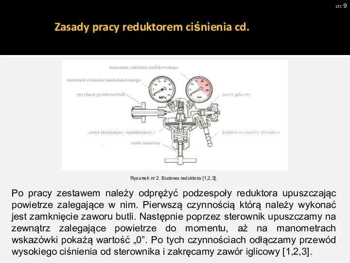 Zasady pracy reduktorem ciśnienia cd. str. Rysunek nr 2. Budowa reduktora [1,2,3].