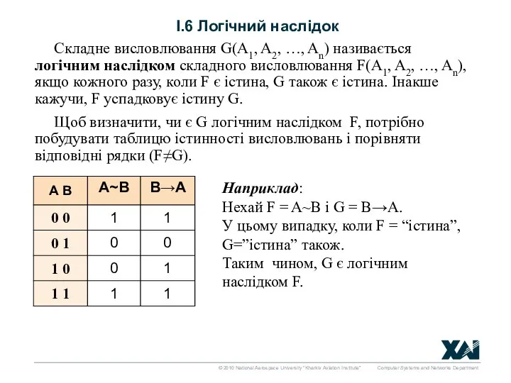 І.6 Логічний наслідок Складне висловлювання G(A1, A2, …, An) називається логічним наслідком