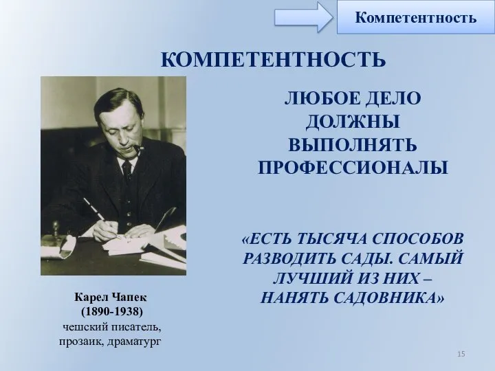 КОМПЕТЕНТНОСТЬ ЛЮБОЕ ДЕЛО ДОЛЖНЫ ВЫПОЛНЯТЬ ПРОФЕССИОНАЛЫ «ЕСТЬ ТЫСЯЧА СПОСОБОВ РАЗВОДИТЬ САДЫ. САМЫЙ