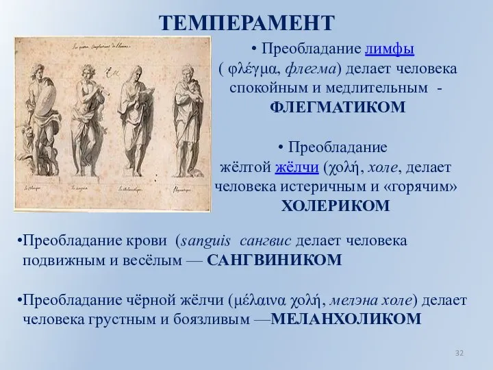 ТЕМПЕРАМЕНТ Преобладание крови (sanguis сангвис делает человека подвижным и весёлым — САНГВИНИКОМ