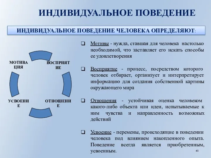 ИНДИВИДУАЛЬНОЕ ПОВЕДЕНИЕ Мотивы - нужда, ставшая для человека настолько необходимой, что заставляет