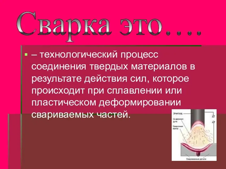 – технологический процесс соединения твердых материалов в результате действия сил, которое происходит