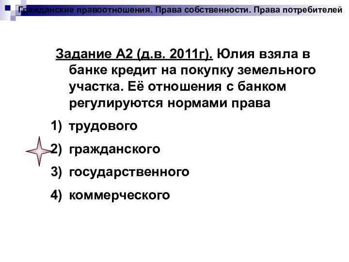 Гражданские правоотношения. Права собственности. Права потребителей Задание А2 (д.в. 2011г). Юлия взяла