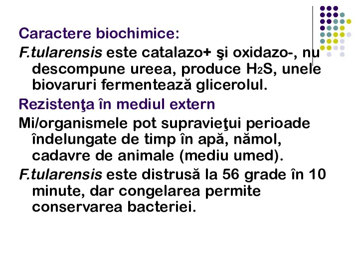 Caractere biochimice: F.tularensis este catalazo+ şi oxidazo-, nu descompune ureea, produce H2S,