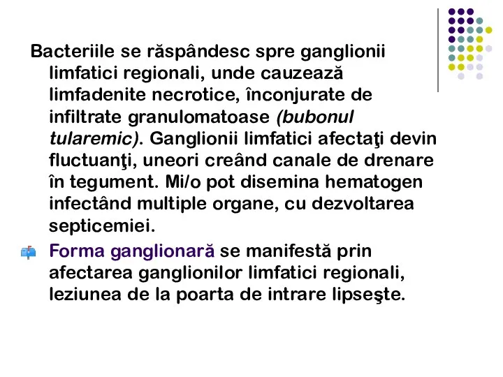 Bacteriile se răspândesc spre ganglionii limfatici regionali, unde cauzează limfadenite necrotice, înconjurate