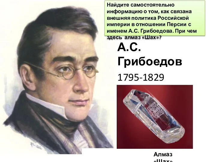 А.С. Грибоедов 1795-1829 Алмаз «Шах» Найдите самостоятельно информацию о том, как связана