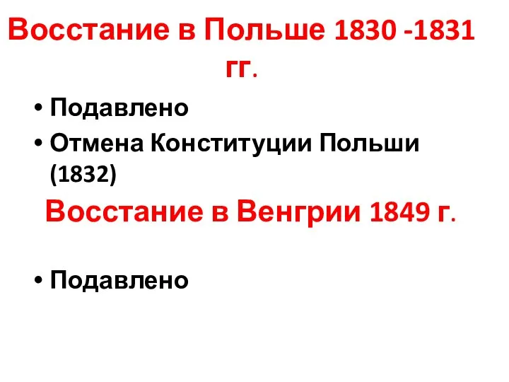 Восстание в Польше 1830 -1831 гг. Подавлено Отмена Конституции Польши (1832) Подавлено