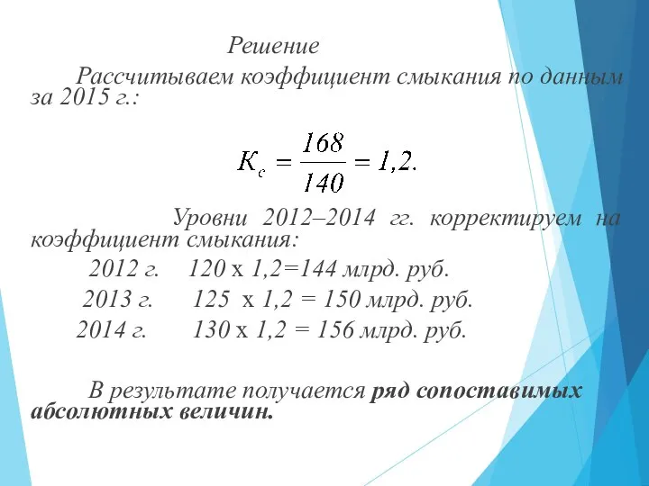 Решение Рассчитываем коэффициент смыкания по данным за 2015 г.: Уровни 2012–2014 гг.