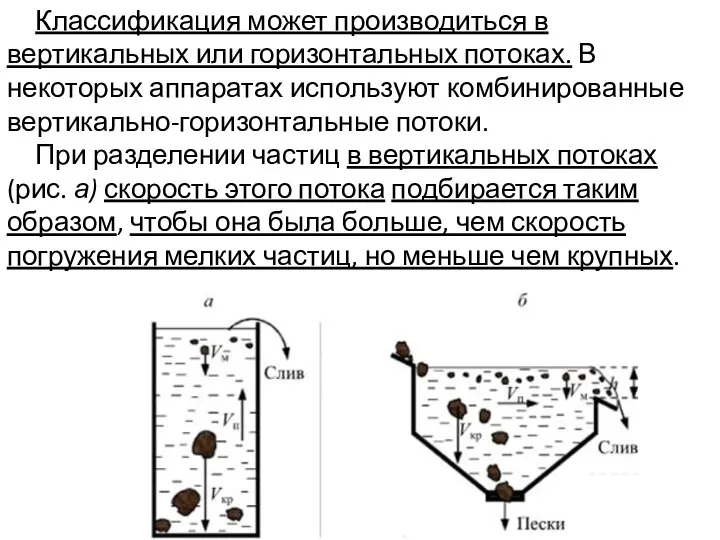 Классификация может производиться в вертикальных или горизонтальных потоках. В некоторых аппаратах используют