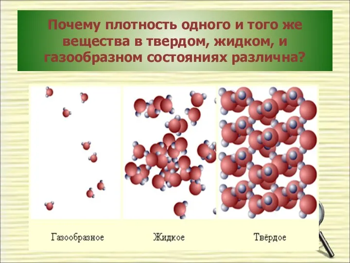 Почему плотность одного и того же вещества в твердом, жидком, и газообразном состояниях различна?