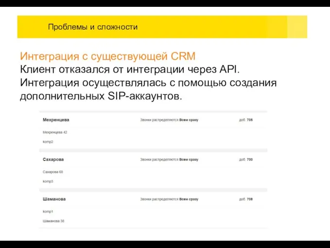 Проблемы и сложности Интеграция с существующей CRM Клиент отказался от интеграции через