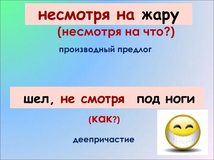 (не)смотря на жару (несмотря на что?) производный предлог шел, (не)смотря под ноги