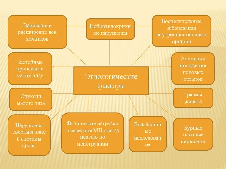 Этиологические факторы Нейроэндокринные нарушения Воспалительные заболевания внутренних половых органов Варикозное расширение вен