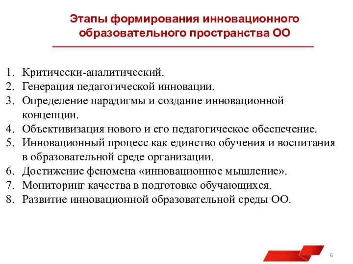 Этапы формирования инновационного образовательного пространства ОО Критически-аналитический. Генерация педагогической инновации. Определение парадигмы