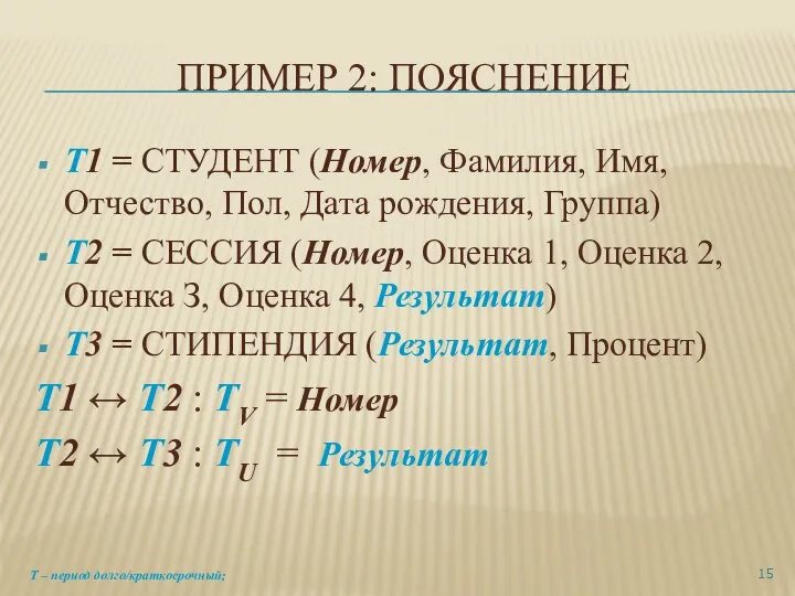 ПРИМЕР 2: ПОЯСНЕНИЕ T1 = СТУДЕНТ (Номер, Фамилия, Имя, Отчество, Пол, Дата