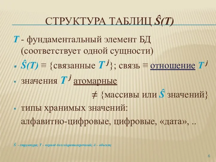 СТРУКТУРА ТАБЛИЦ Ŝ(Т) Т - фундаментальный элемент БД (соответствует одной сущности) Ŝ(Т)