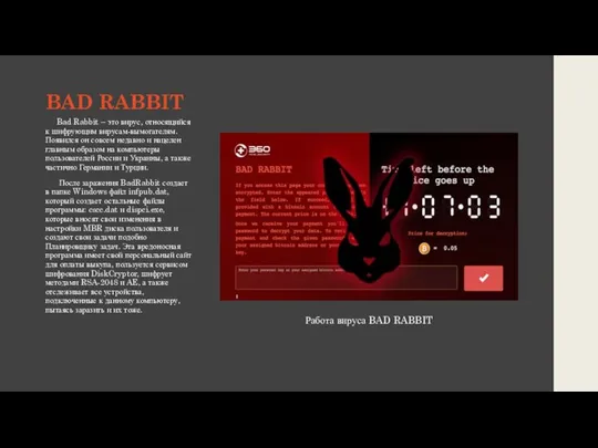 BAD RABBIT Bad Rabbit – это вирус, относящийся к шифрующим вирусам-вымогателям. Появился