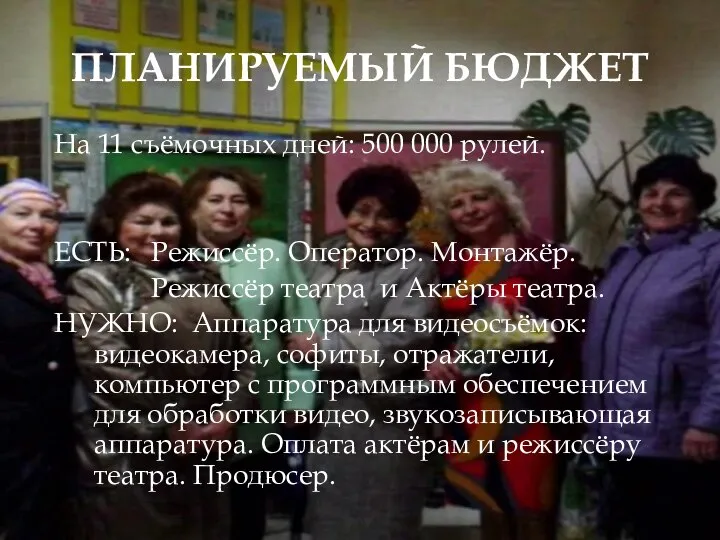 ПЛАНИРУЕМЫЙ БЮДЖЕТ На 11 съёмочных дней: 500 000 рулей. ЕСТЬ: Режиссёр. Оператор.