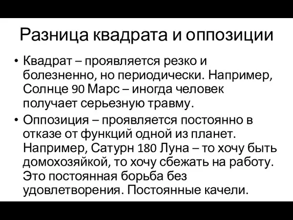 Разница квадрата и оппозиции Квадрат – проявляется резко и болезненно, но периодически.