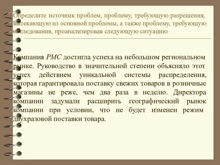 Определите источник проблем, проблему, требующую разрешения, вытекающую из основной проблемы, а также