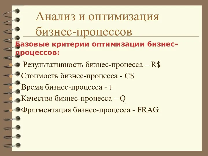 Анализ и оптимизация бизнес-процессов Результативность бизнес-процесса – R$ Стоимость бизнес-процесса - C$