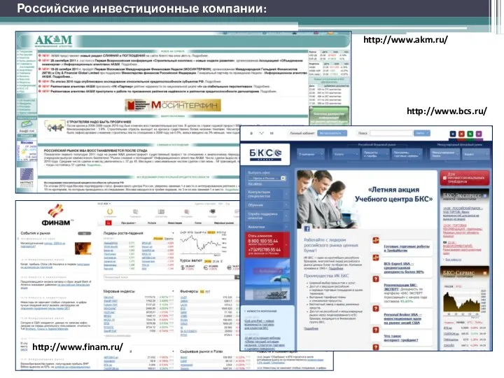 Российские инвестиционные компании: http://www.finam.ru/ http://www.bcs.ru/ http://www.akm.ru/