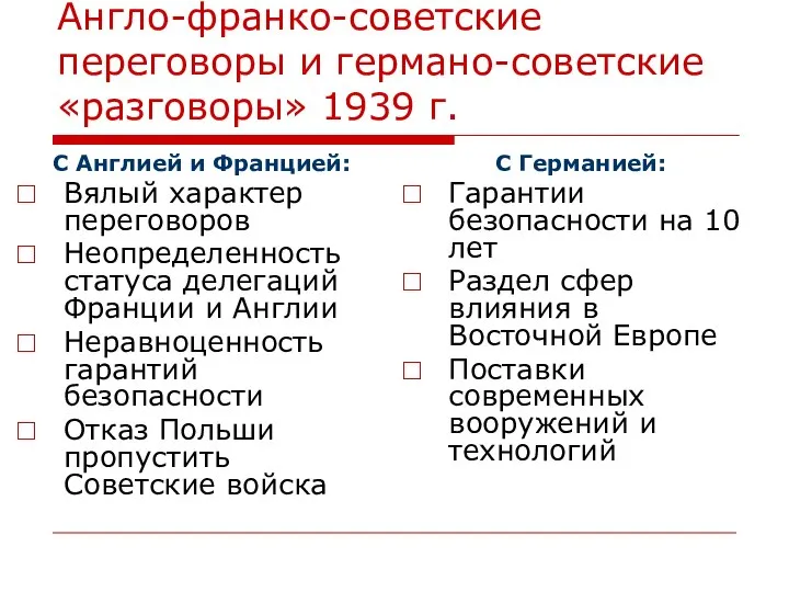 Англо-франко-советские переговоры и германо-советские «разговоры» 1939 г. С Англией и Францией: Вялый