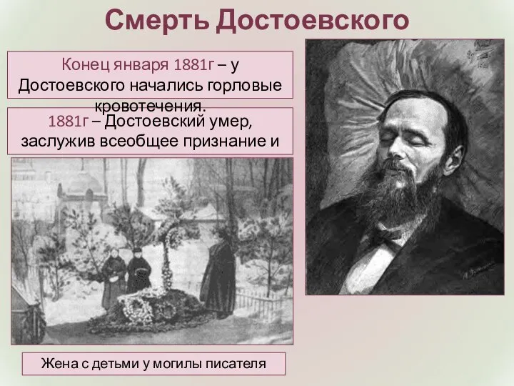 Смерть Достоевского 1881г – Достоевский умер, заслужив всеобщее признание и почитание. Конец