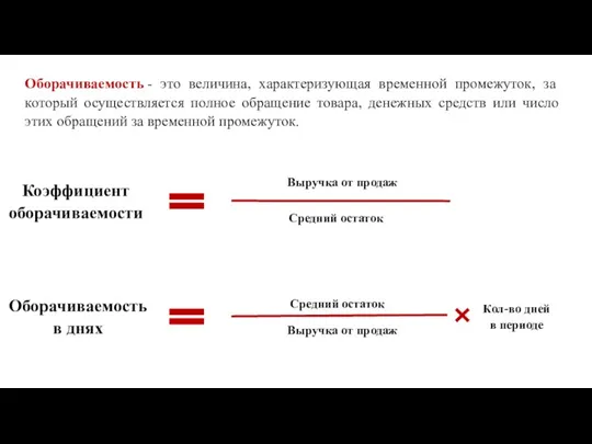 Оборачиваемость - это величина, характеризующая временной промежуток, за который осуществляется полное обращение