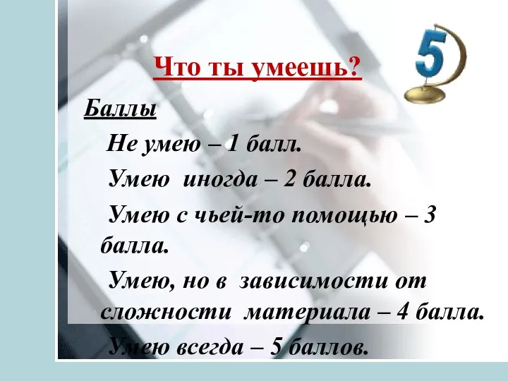 Что ты умеешь? Баллы Не умею – 1 балл. Умею иногда –