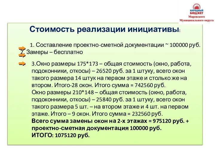 Стоимость реализации инициативы: 1. Составление проектно-сметной документации ~ 100000 руб. 2. Замеры