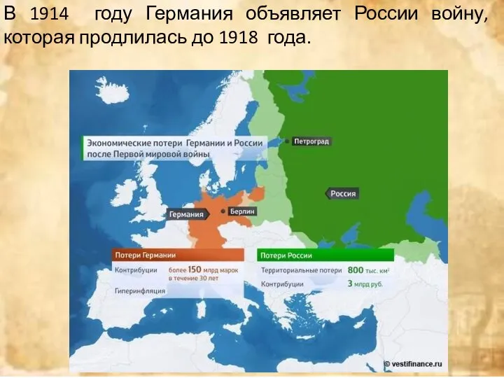 В 1914 году Германия объявляет России войну, которая продлилась до 1918 года.