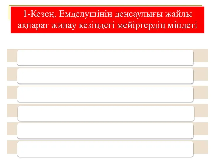 1-Кезең. Емделушінің денсаулығы жайлы ақпарат жинау кезіндегі мейіргердің міндеті