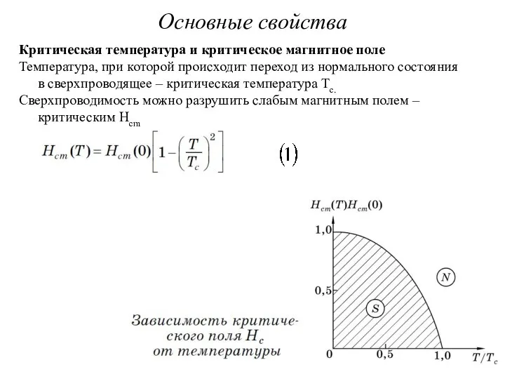 Основные свойства Критическая температура и критическое магнитное поле Температура, при которой происходит