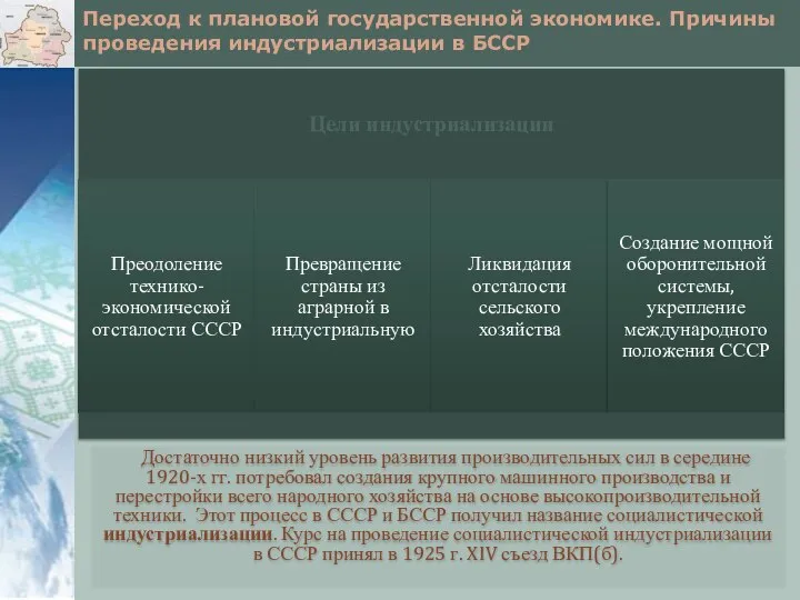 Переход к плановой государственной экономике. Причины проведения индустриализации в БССР Достаточно низкий