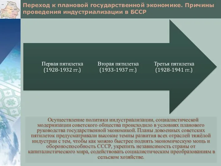 Переход к плановой государственной экономике. Причины проведения индустриализации в БССР Осуществление политики