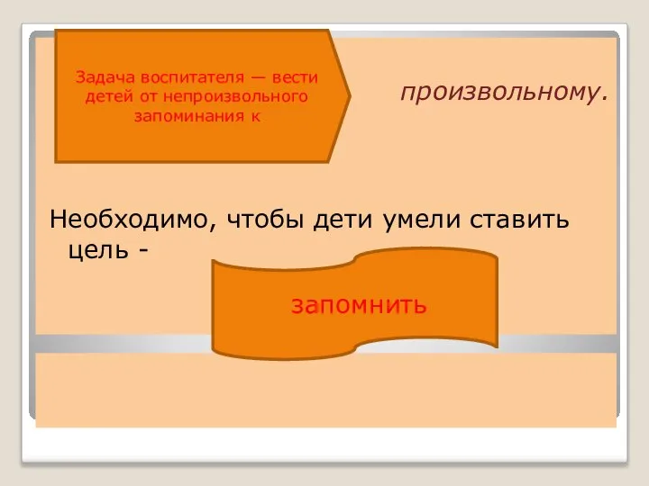 произвольному. Необходимо, чтобы дети умели ставить цель - Задача воспитателя — вести