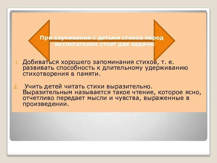 Добиваться хорошего запоминания стихов, т. е. развивать способность к длительному удерживанию стихотворения