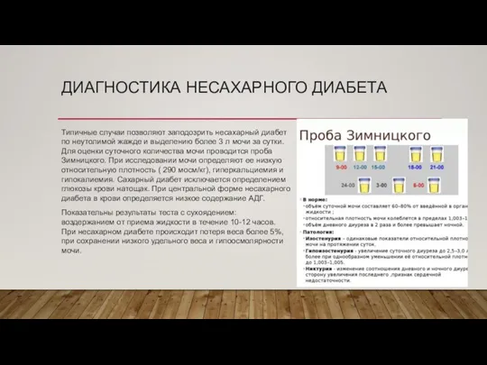 ДИАГНОСТИКА НЕСАХАРНОГО ДИАБЕТА Типичные случаи позволяют заподозрить несахарный диабет по неутолимой жажде