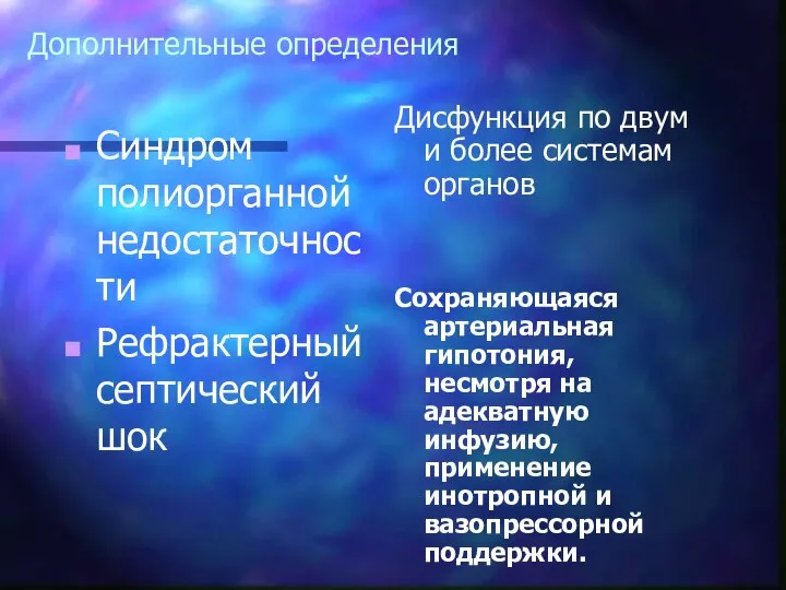 Дополнительные определения Синдром полиорганной недостаточности Рефрактерный септический шок Дисфункция по двум и