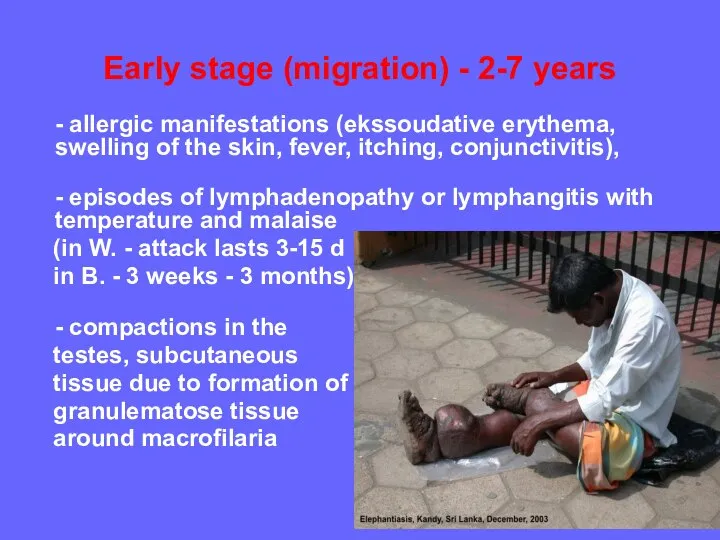 Early stage (migration) - 2-7 years - allergic manifestations (ekssoudative erythema, swelling
