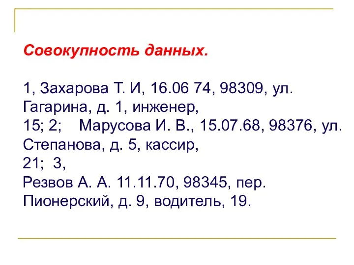 Совокупность данных. 1, Захарова Т. И, 16.06 74, 98309, ул. Гагарина, д.