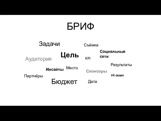 БРИФ Цель Задачи Аудитория KPI Инсайты Результаты Бюджет Место Дата Съёмка Спонсоры