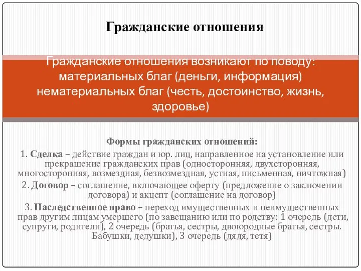 Формы гражданских отношений: 1. Сделка – действие граждан и юр. лиц, направленное