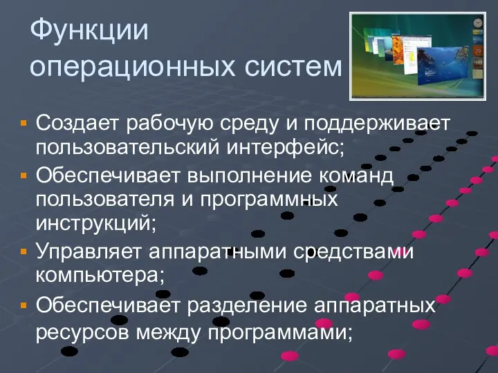 Функции операционных систем Создает рабочую среду и поддерживает пользовательский интерфейс; Обеспечивает выполнение