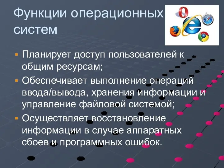 Функции операционных систем Планирует доступ пользователей к общим ресурсам; Обеспечивает выполнение операций