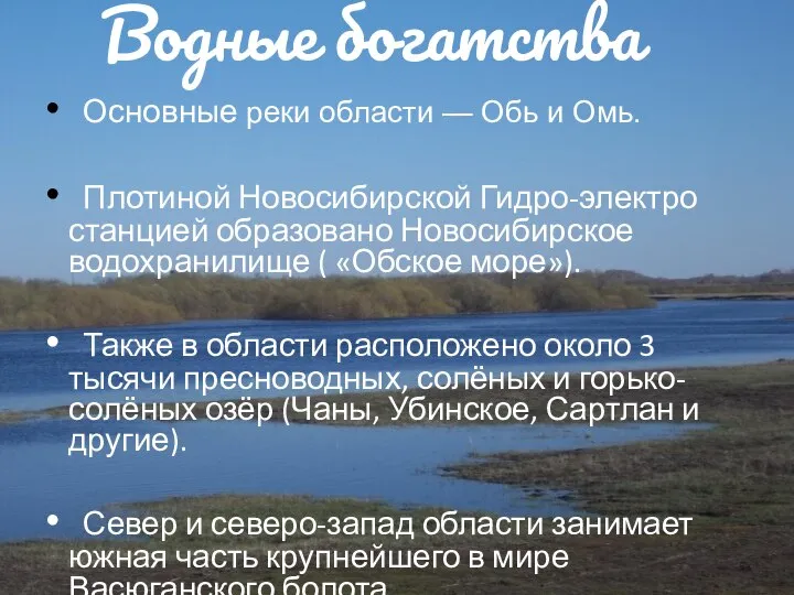 Водные богатства Основные реки области — Обь и Омь. Плотиной Новосибирской Гидро-электро