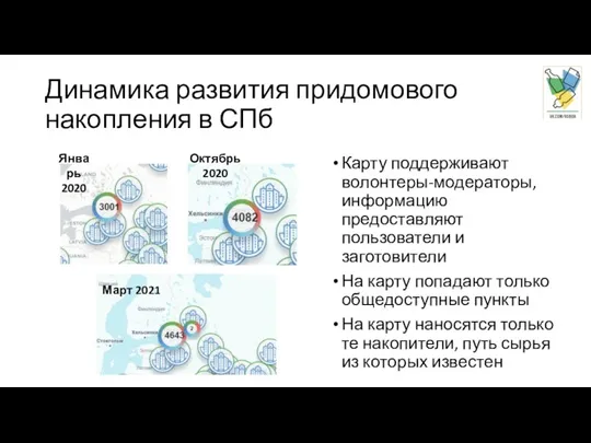 Динамика развития придомового накопления в СПб Карту поддерживают волонтеры-модераторы, информацию предоставляют пользователи