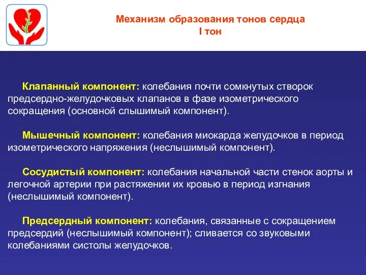 Механизм образования тонов сердца I тон Клапанный компонент: колебания почти сомкнутых створок